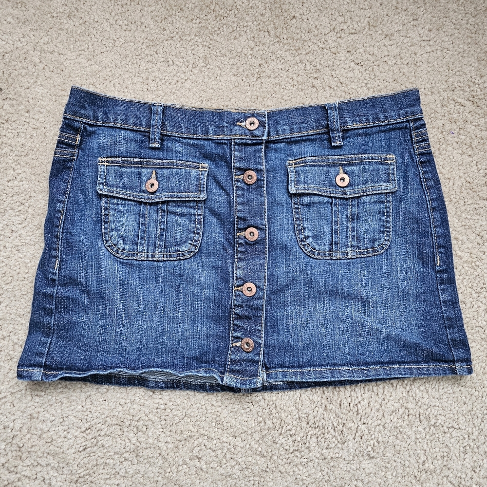 Y2K Old Navy ultra low rise denim jean mini skirt dark wash button fly size 10